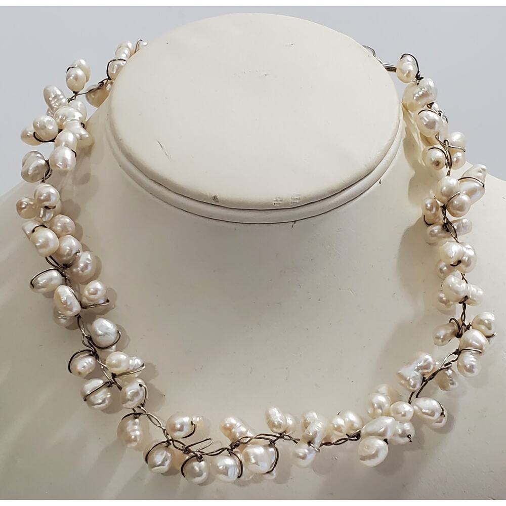 Freshwater Potato Pearl Wire Wrapped Sterling Silver Necklace 18" - Picture 2 of 9